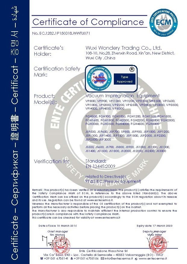 China Wuxi Wondery Industry Equipment Co., Ltd Certificações